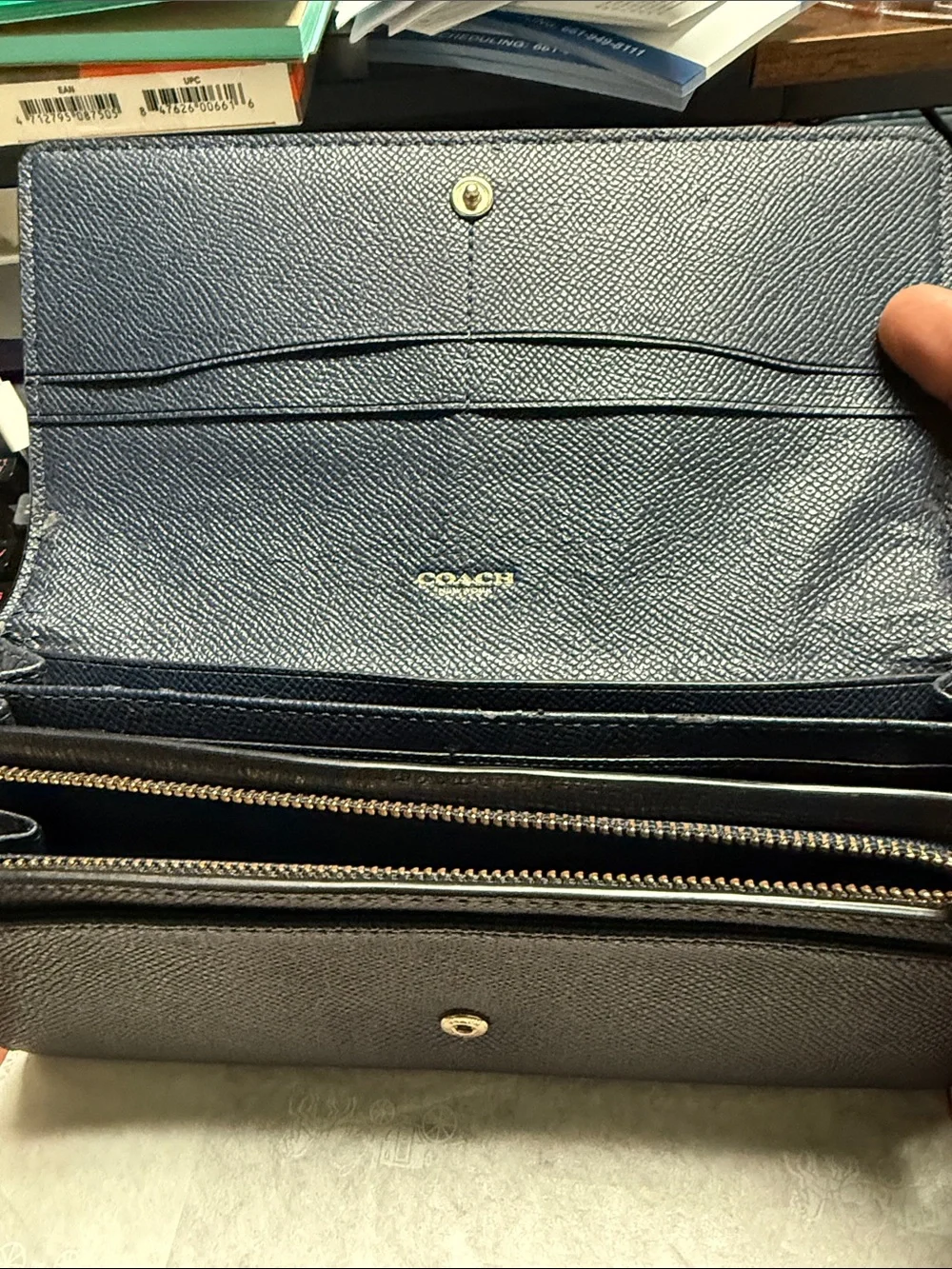 Coach Navy Pebbled Leather Wallet and Card Holder with Gold Hardware